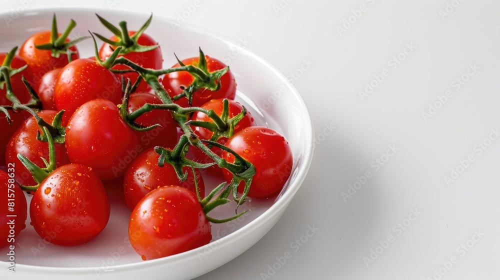 Cherry tomatoes ripe and red in a white dish against a white backdrop Cherry tomatoes ripe and red in a white dish against a white backdrop