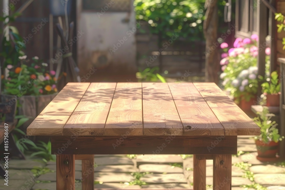 Naklejka premium Wooden Table on Garden Patio. Generative AI