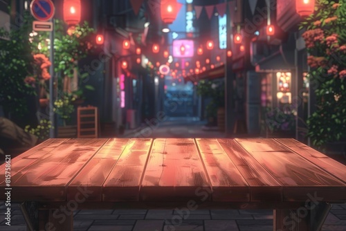Anime Street Scene With Wooden Table and Lanterns. Generative AI © Lukasz Czajkowski