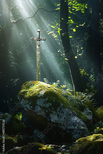Enchanted Sword in Stone Amidst Forest Clearing Under Ethereal Light  