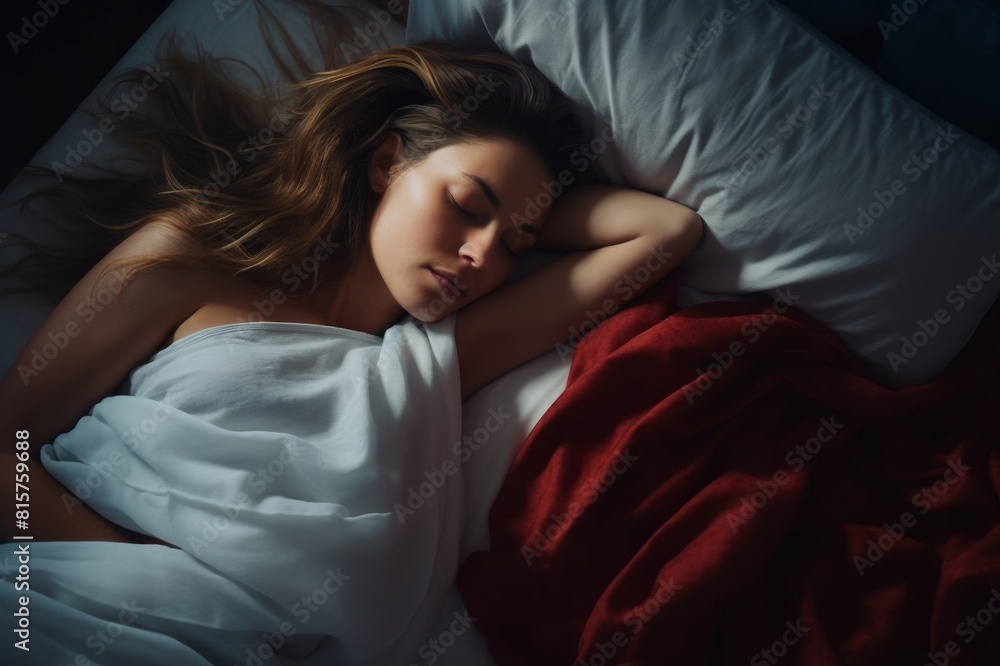 Above view of relaxed woman sleeping in bed at night. High angle view of a woman taking a nap in her bed at night. Photographed in medium format Above view of relaxed woman sleeping in bed at night. High angle view of a woman taking a nap in her bed at night. Photographed in medium format