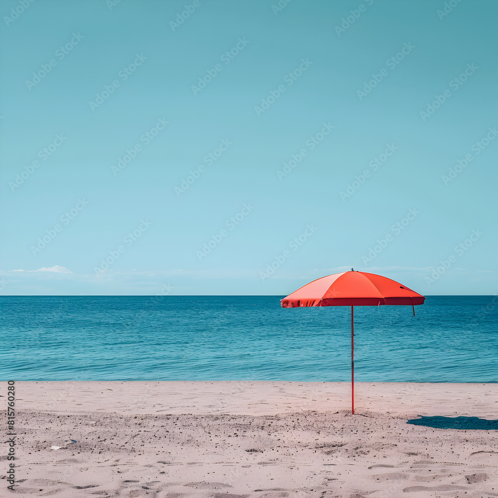 Minimal summer holidays vacation concept. Beach umbrella in front of blue sky and sea. Chilling, lounging on the beach. Minimal summer holidays vacation concept. Beach umbrella in front of blue sky and sea. Chilling, lounging on the beach.
