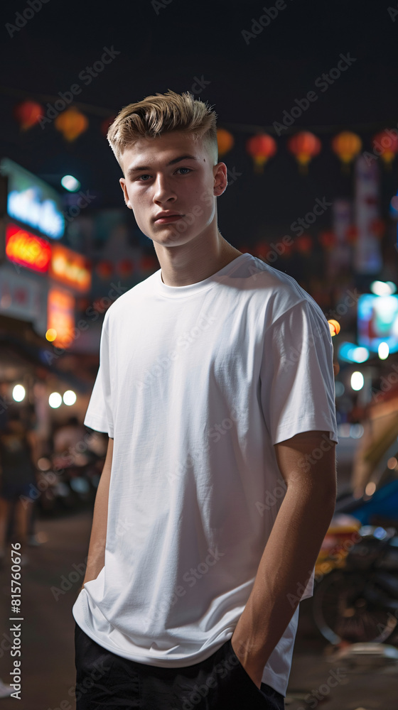 Fototapeta premium stylish male Model in a white t-shirt against a bokeh background shirt mock up 