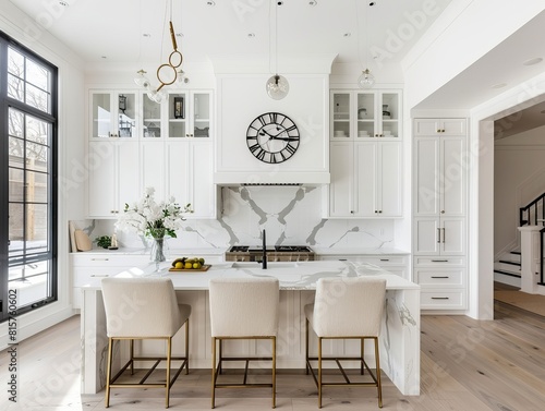 Modern kitchen with white cabinetry, central island with bar stools, and large windows for natural light Perfect for culinary enthusiasts and interior design