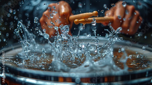 Splashing water hits a snare drum as drummer uses drum sticks. photo