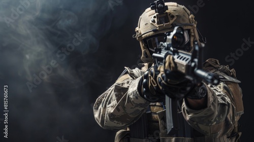A soldier in full combat gear is aiming his rifle. © Sittipol 