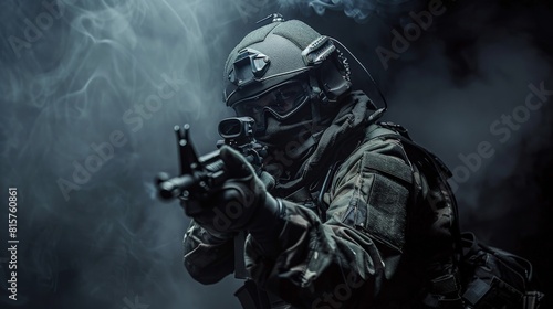A soldier in full tactical gear  armed with an assault rifle  stands in a dark  smoky room.