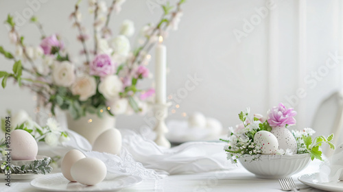 Beautiful Easter table Fourting with flowers near light 