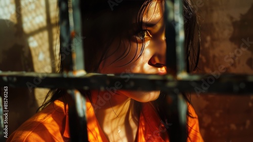 Solitary Confinement Female Prisoner in Orange Uniform Behind Metal Bars, Symbolizing Incarceration and Isolation  © Didikidiw61447