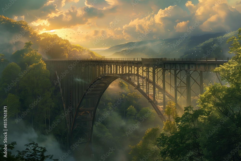 Fototapeta premium A huge steel bridge with an arched structure towering over the valley in lush green forest