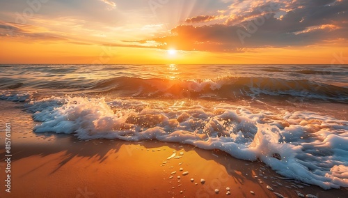 Beach with sunset, waves on sea, beautiful scenery, golden light, orange sky, water droplets on sand, waves crashing towards shore best for outing and refreshing