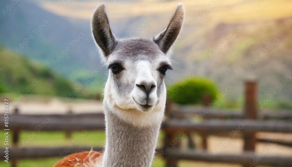 Obraz premium Llama at farm. Beautiful alpaca portrait. Domestic lama on farm in the summer. Nature background