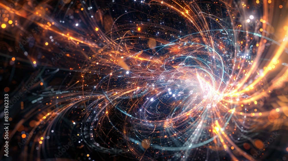 Quantum entanglement experiment, particles linked across space, abstract visualization Quantum entanglement experiment, particles linked across space, abstract visualization