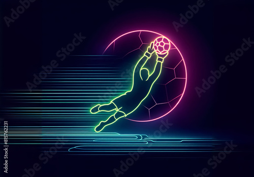 Neon Symbol eines Fußballspielers, der sich hoch zum Ball reckt. copy space