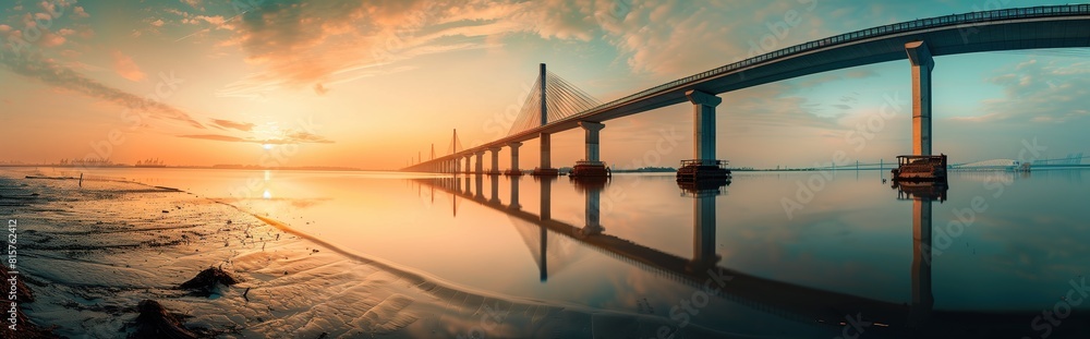 panoramic view of the long and tall bridge, sunset, light yellow sky, clear water, background of calm sea with reflection panoramic view of the long and tall bridge, sunset, light yellow sky, clear water, background of calm sea with reflection