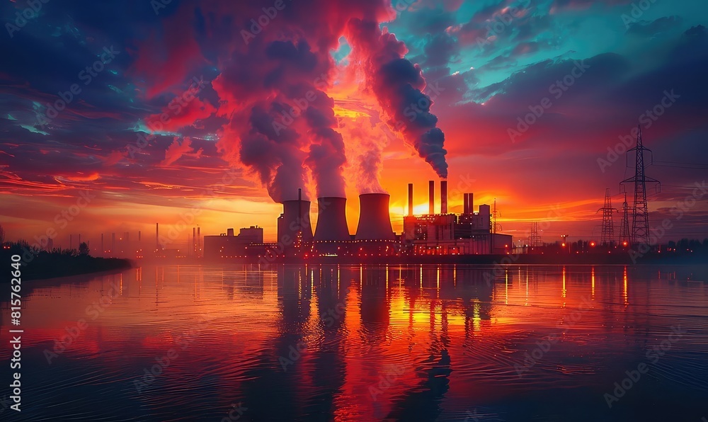 Stylized power plant emitting vibrant energy beams, night setting, wide angle