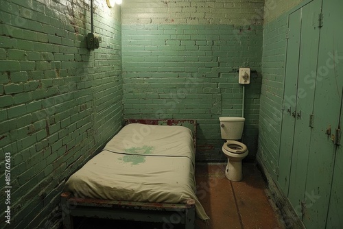 Sparse prison cell furnished only with a bed and a toilet, emphasizing minimal living conditions photo