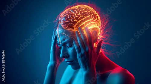 Tension headache pain, woman of holding head in pain, glowing orange brain indicating source of pain photo