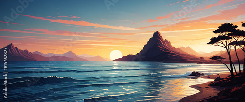 illustrazione di suggestivo tramonto su una baia circondata di monti photo
