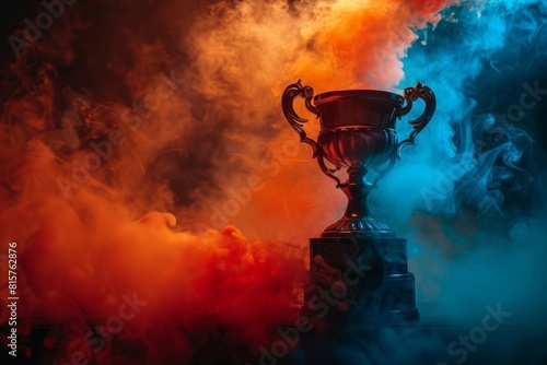 Trophy in a cloud of smoke illuminated by dim, dramatic lighting, focusing on the theme of victory and struggle