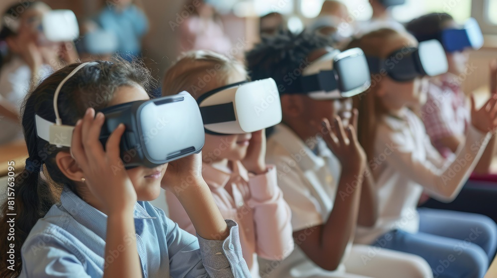 Many multicultural, multiracial schoolchildren using virtual reality headsets at the classroom. 