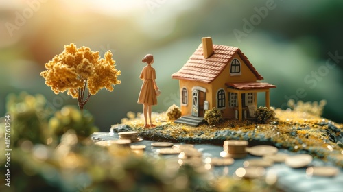 miniature house and a woman standing next to it