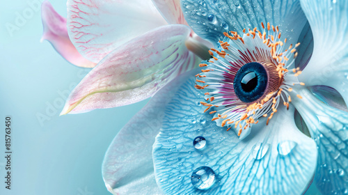 Beautiful orchid flower with eye inside on light blue