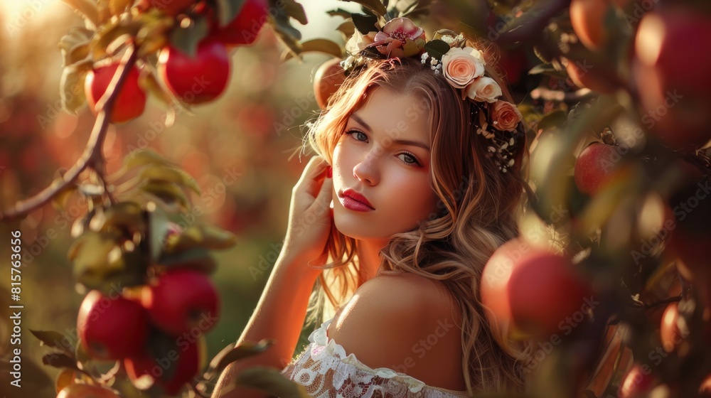 Beautiful natural woman in the garden of apple Beautiful natural woman in the garden of apple