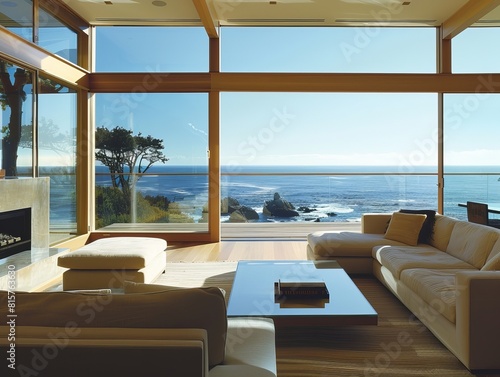 A luxurious interior design of a house with vast windows offering a panoramic view of the ocean