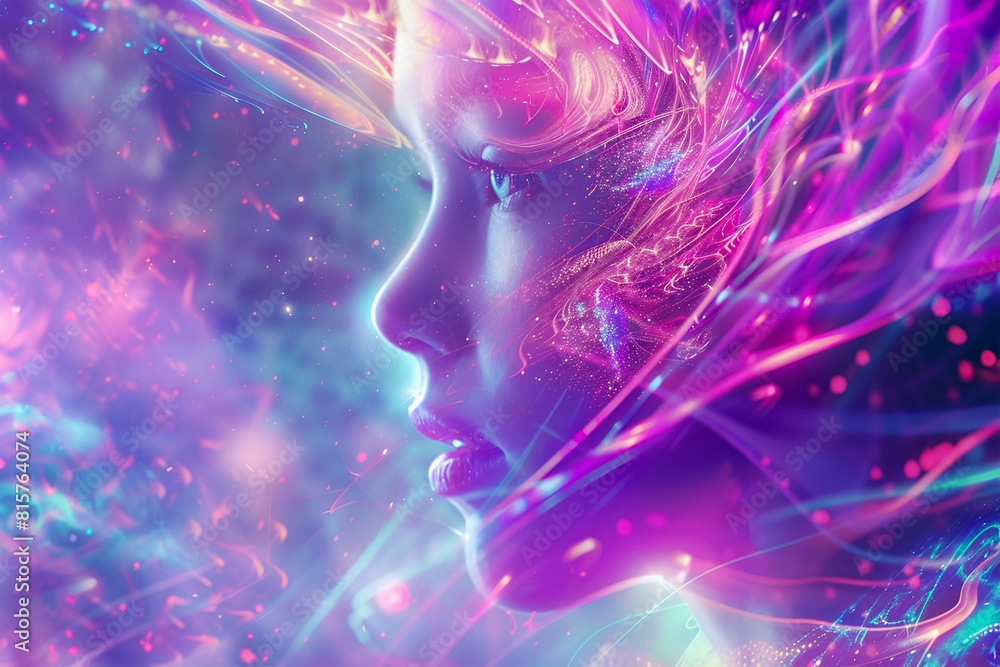 Colorful energy waves coming from a prettyl woman Colorful energy waves coming from a prettyl woman