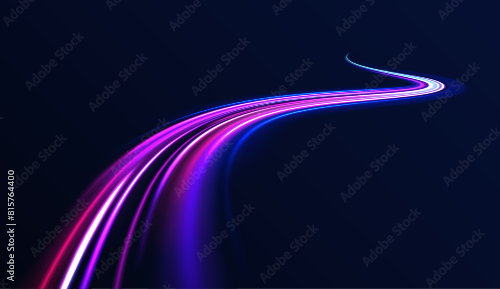 Obraz premium Panoramic high speed technology concept, light abstract background. Glowing spark swirl trail tracing on dark blue background. Light line moving with speed.