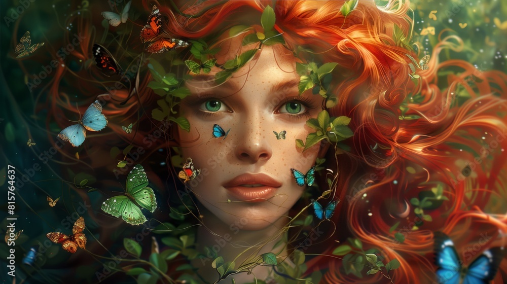 Redhead girl with butterflies in her hair, magical atmosphere. Mother Earth illustration