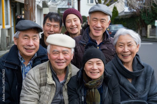 Group of happy asian senior people in the street. Portrait of elderly people.