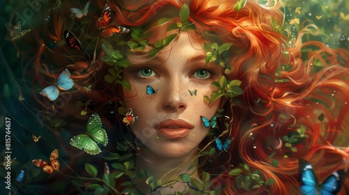 Redhead girl with butterflies in her hair  magical atmosphere. Mother Earth illustration