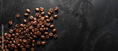 Coffee beans scattered on a dark background. photo