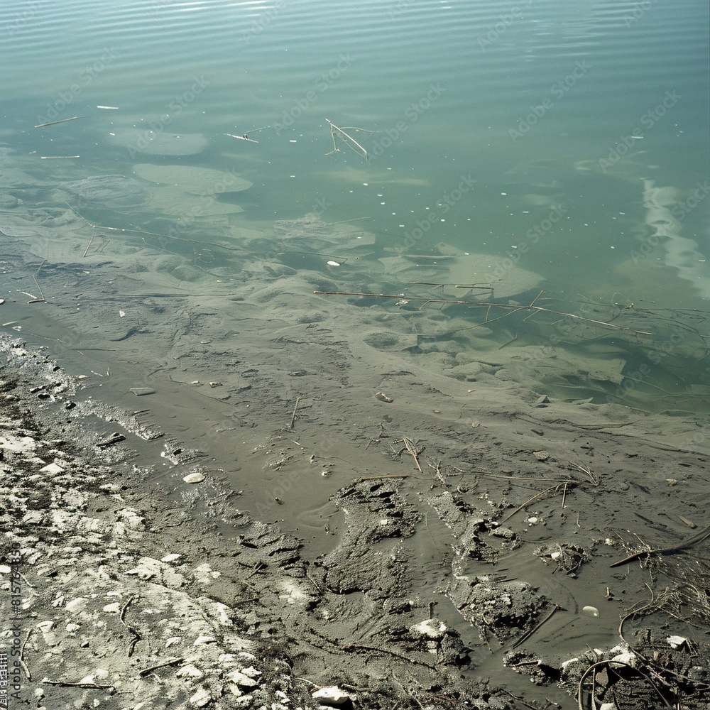 A detailed photograph of a dirty lake bottom, showcasing the murky water filled with muck and various debris