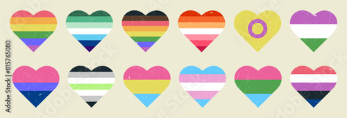LGBTQ sexual indentity pride flags collection with grunge texture. Vector