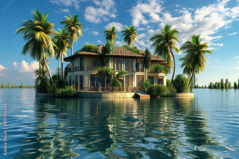 Breathtaking Beautiful house island villa. Ocean nature. Generate Ai