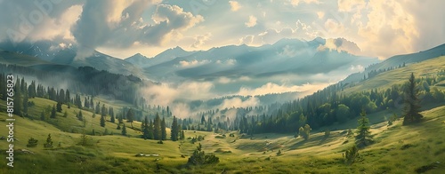 Green grassy hills with pine trees and mist, mountains in background and sun shining through clouds showcasing beauty of nature photo