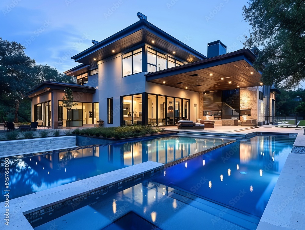 An impressive modern home brightly lit and welcoming with a large swimming pool at twilight