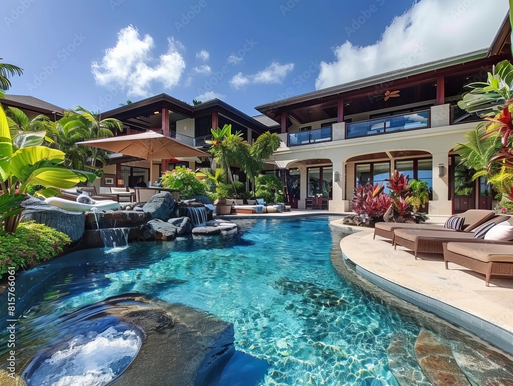 A breathtaking image showcasing an opulent tropical resort-style home with a cascading pool and lounging area