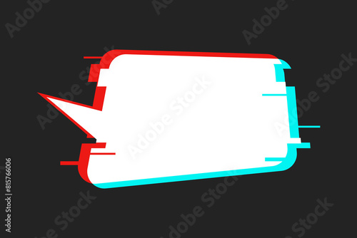 White speech bubble with retro glitch effect on a textured background. Broken pixels, banner template with empty space for text. Neon vibrant colors.