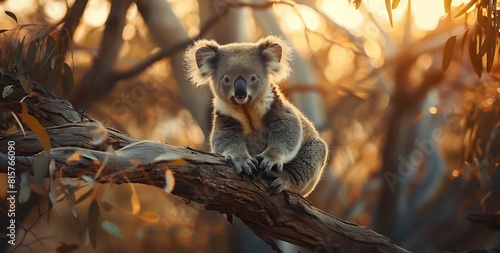 Koala bear sitting on a eucalyptus tree branch in outback, wildlife photography photo