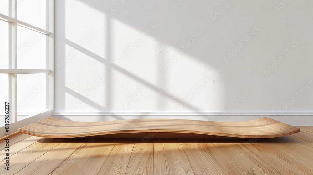 Modern minimalist living space with curved wooden floor Modern minimalist living space with curved wooden floor