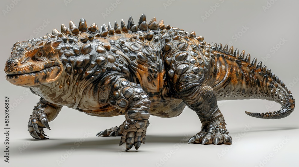 Naklejka premium Ankylosaurus dinosaur standing by calm pond in autumn forest. peaceful coexistence of dinosaur with natural surroundings, highlighting vibrant fall foliage and serene prehistoric atmosphere.