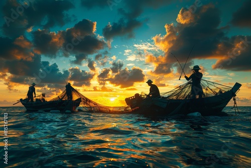 Early morning on the open sea, Fishermen cast nets against a backdrop of fiery sunset and cloud-streaked sky. Waves catch evening glow, framing the laborious dance of the age-old fishing tradition.