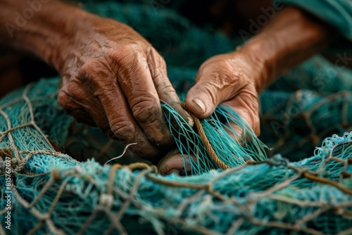 Fishermen mending their nets on shore, Detail of fisherman's hands weaving through aqua net, warm light emphasizing the texture of skin and the intricacy of the net.