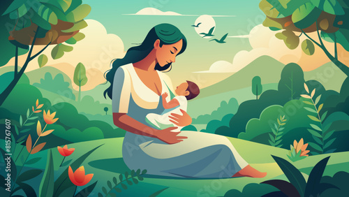 Serene Motherhood: Woman Breastfeeding Baby in Nature's Embrace photo