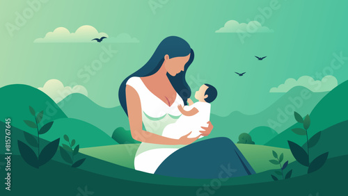 Serene Motherhood  Woman Breastfeeding in Nature Illustration