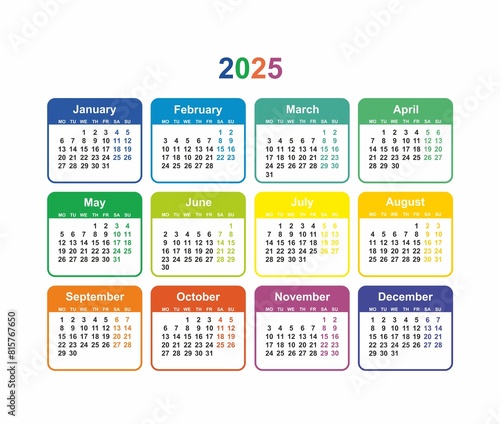 Calendar grid 2025 colorful vector Simple layout of pocket or wall calendar on white